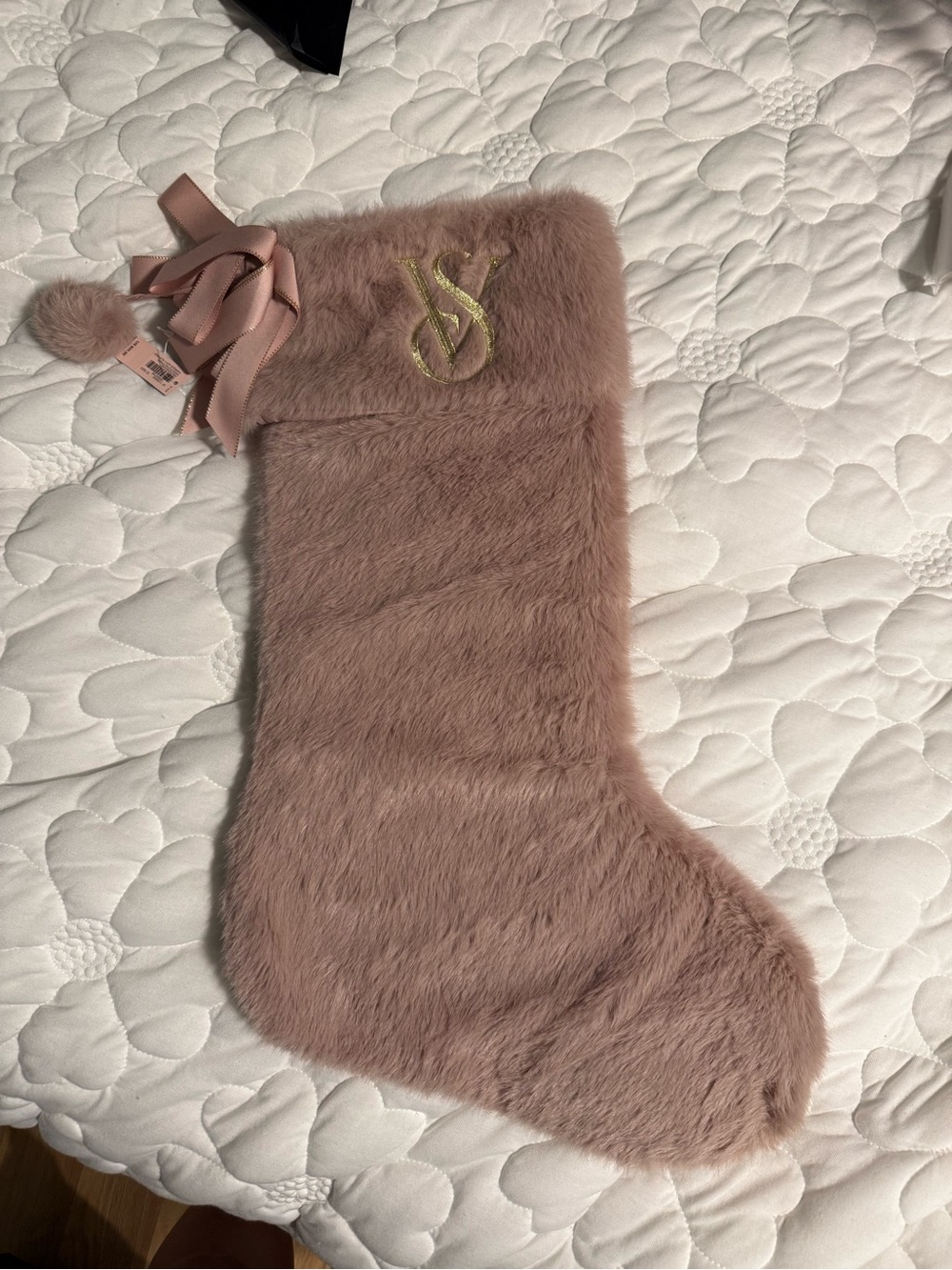Victoria's Secret Blush Pink Faux Fur Holiday Stocking with Gold Logo